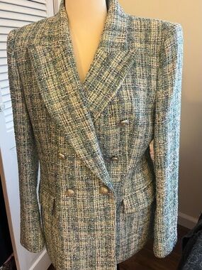 Zara Teal Multi Tweed Double-Breasted Blazer